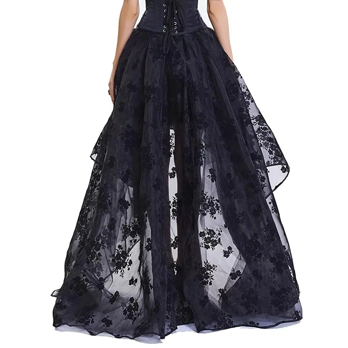 Damen Elegant Midi Skate Rock Schwarz Vintage Korsett Rock Lang Festlich Rock Hochzeit Cocktail Langrock