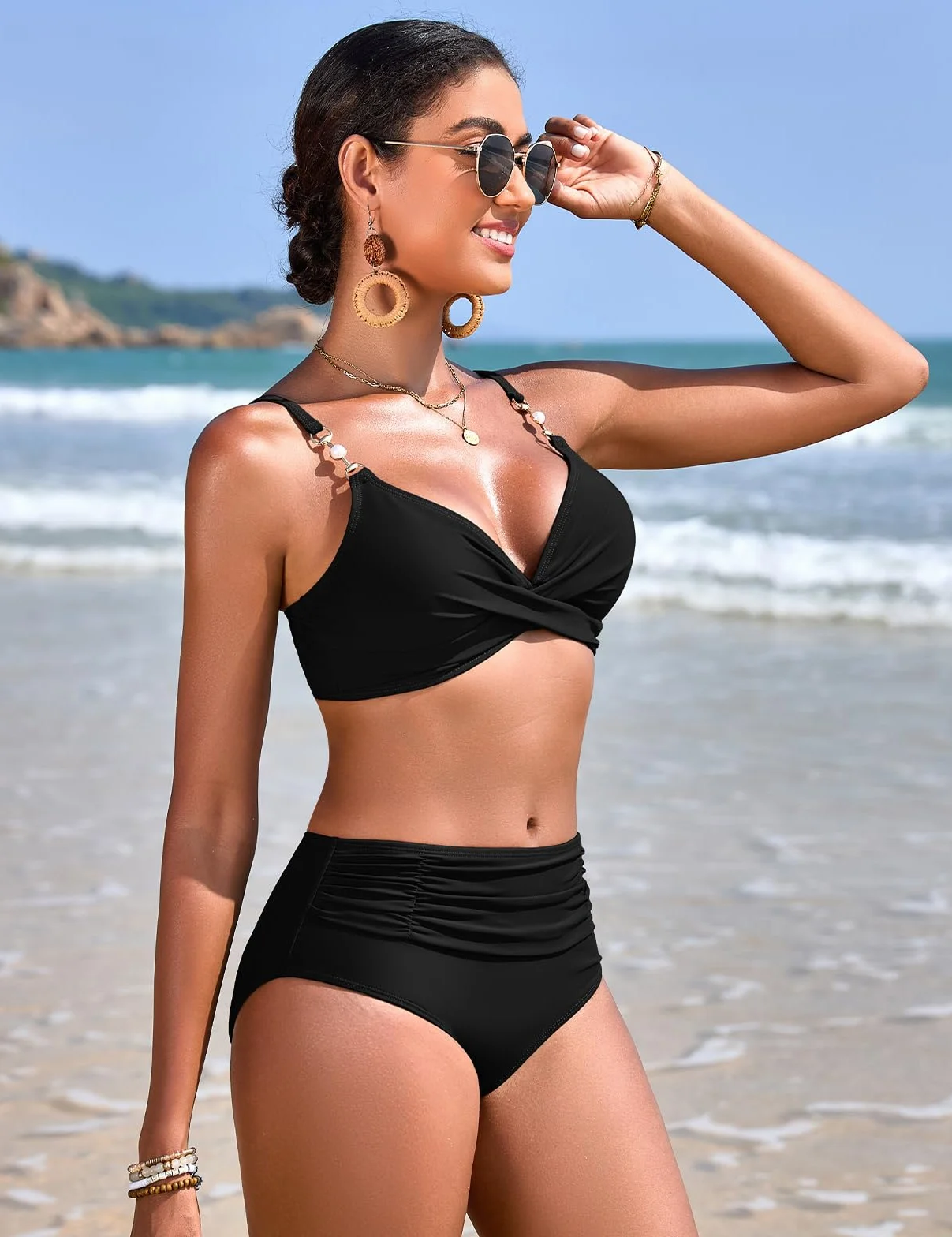 Nadeer Damen Bikini Set V Ausschnitt Crossover Zweiteiliger Badeanzug mit Perlen Elegant High Waist Bademode Push Up Bauchweg Swimsuit