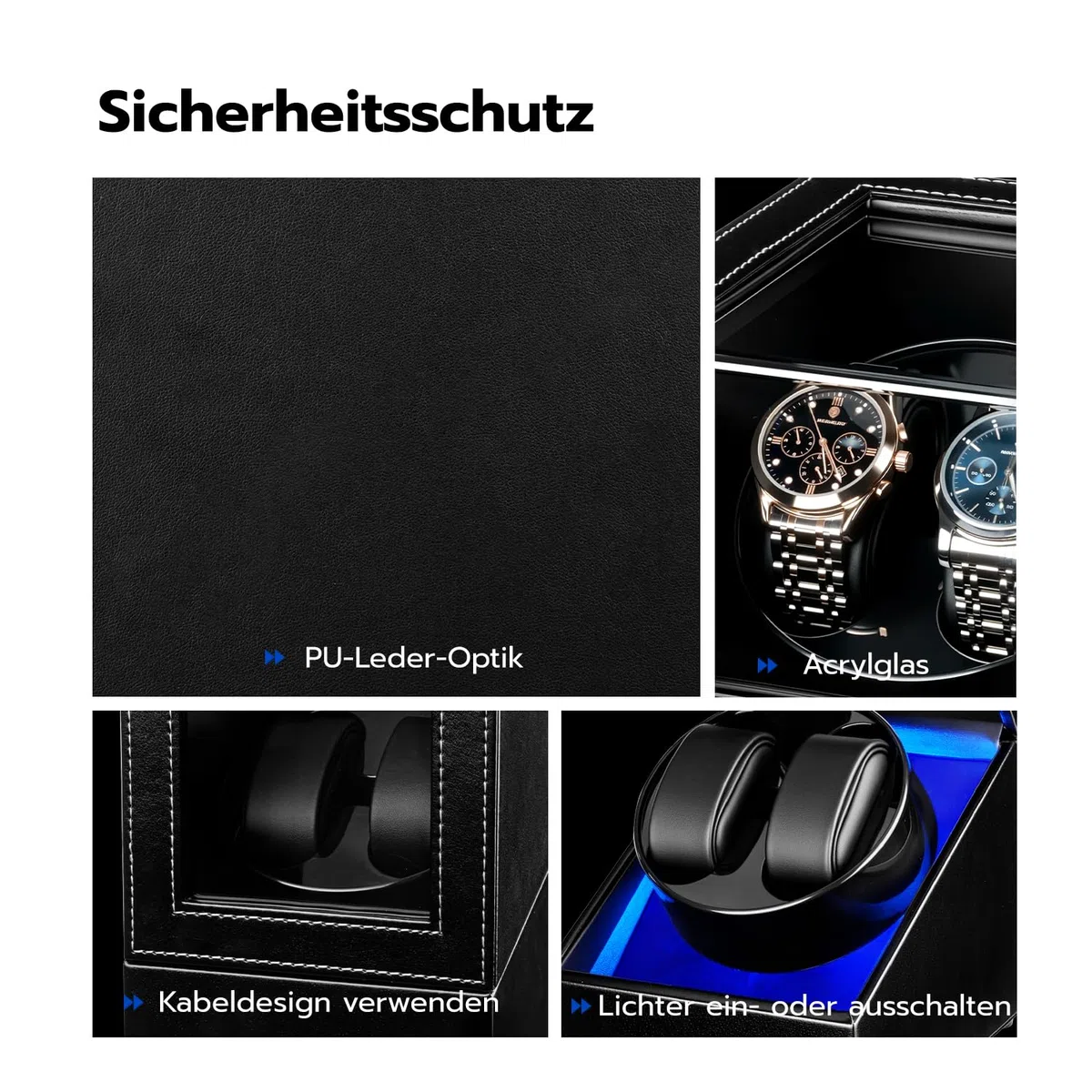 Mcbazel Uhrendreher 2 Uhren Automatik, Watch Winder Box mit LED-Licht 5 Modi Automatisch Drehbares Automatische Uhrenbeweger Leiser PU Leder für Automatikuhren Herren Damen – Schwarz