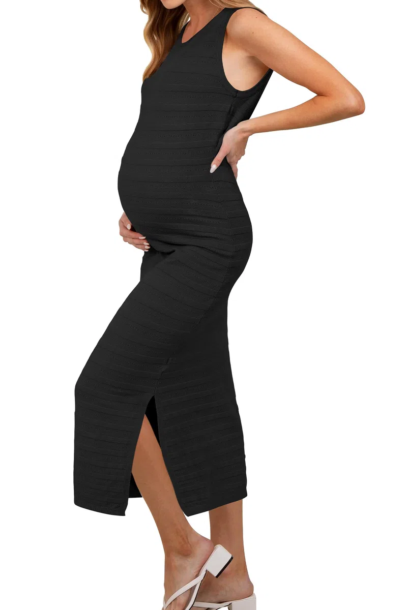 OUGES Damen 2025 Stillkleid Lang Umstandskleid Ärmellos Crewneck Schwangerschaft Kleid Strickkleid mit Seitenschlitz