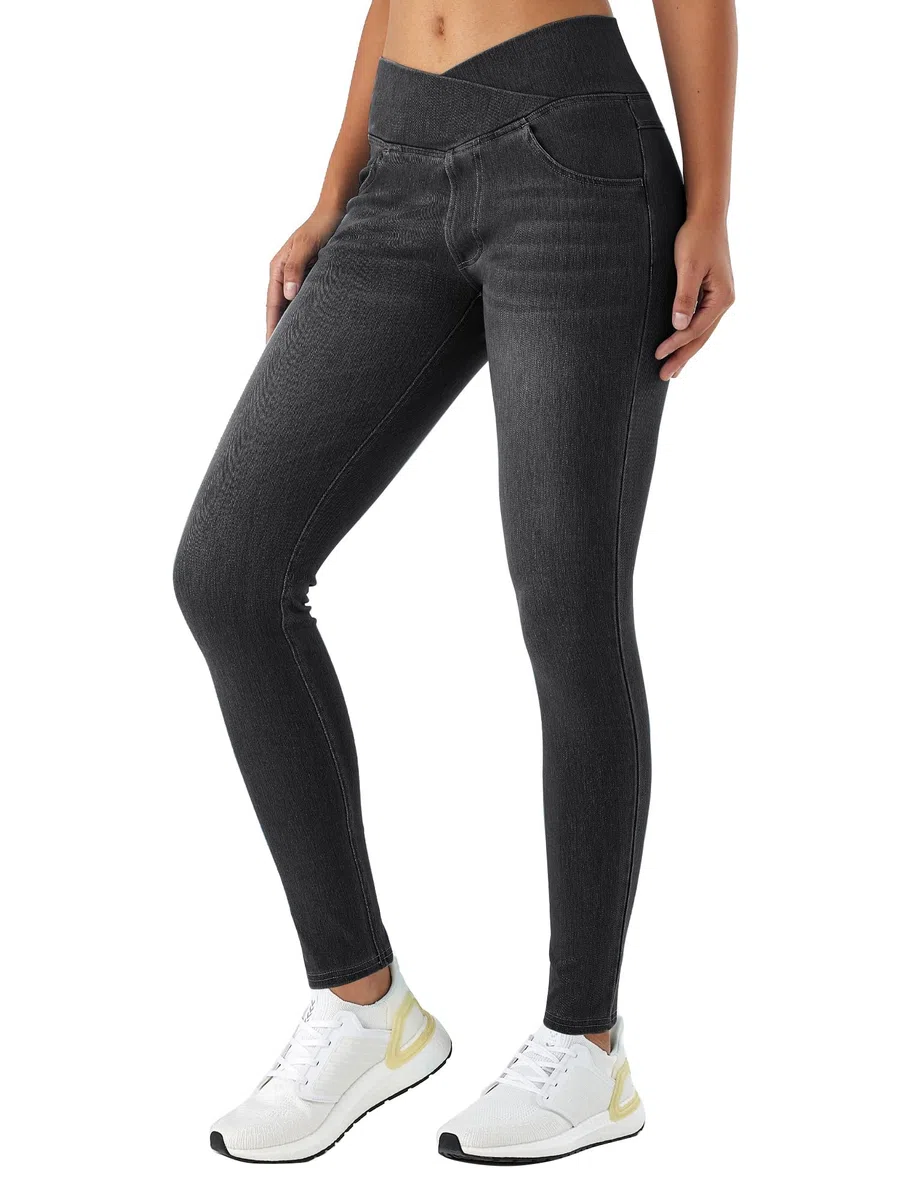 LaiEr Damen V Crossover Skinny Jeans Hohe Taille Bauchkontrolle Casual Fitness Leggings, Weich und elastisch Casual Faux Denim Print mit Seitentaschen