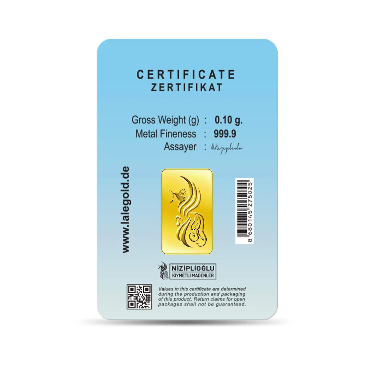 Goldbarren 0.1 Gramm Top - Geschenk Feingehalt 999,9 Goldbarren 0,10g. (Alles Gute)