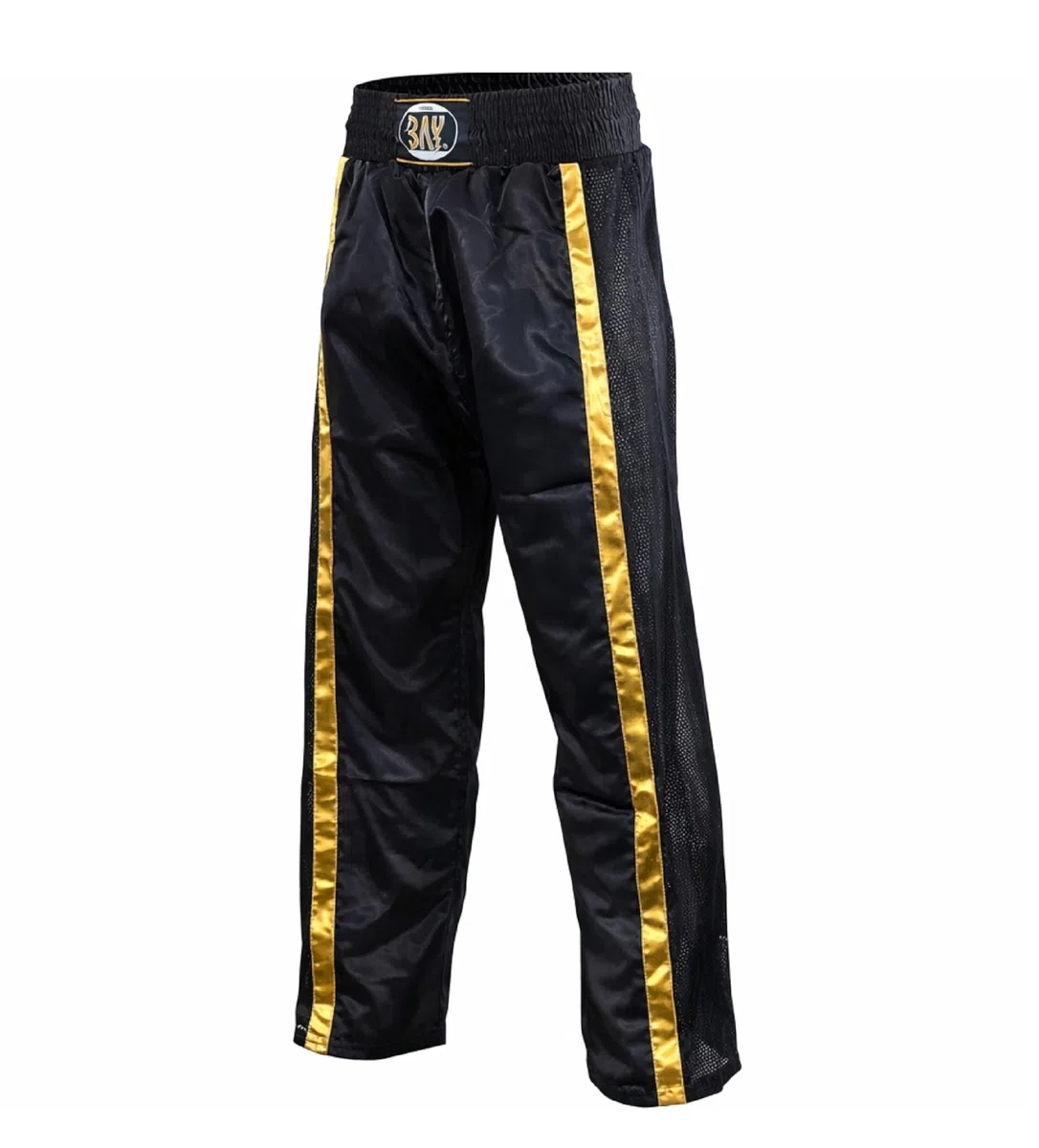 Bay Netz Mesh Kickboxhose Kampfsporthose Schwarz lang Mesh-Netzeinsatz Kontraststreifen in Gold seitlich Polyester Erwachsene Damen Herren Kinder Jungen Mädchen Größen 5XS - XXL