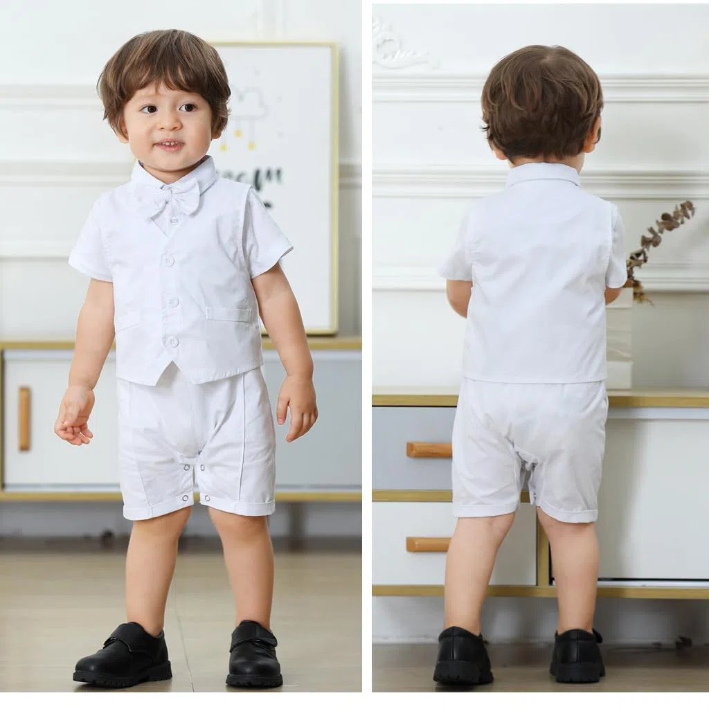 Baby Jungen Strampler Taufanzug Kleinkind Taufe Roben Kleidung Gentlemen Jumpsuits Overall Taufkleidung Baby Fliege Weste mit Hut Geburtstag Hochzeit Outfits Weiß 6-12 Monate