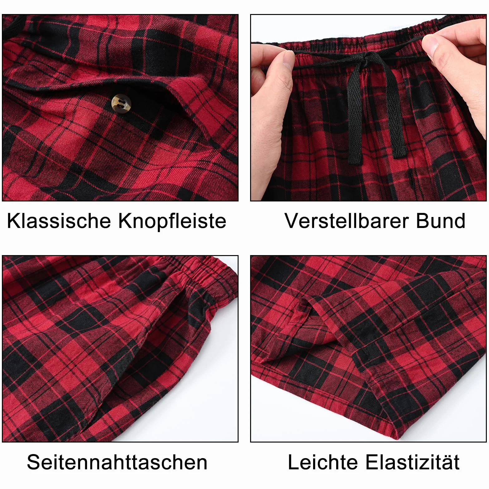 Huayuzh Schlafanzughose Herren Kurz Pyjama Baumwolle 3er Pack Kariert Schlafhose Weich Atmungsaktiv Taschen Knopfleiste