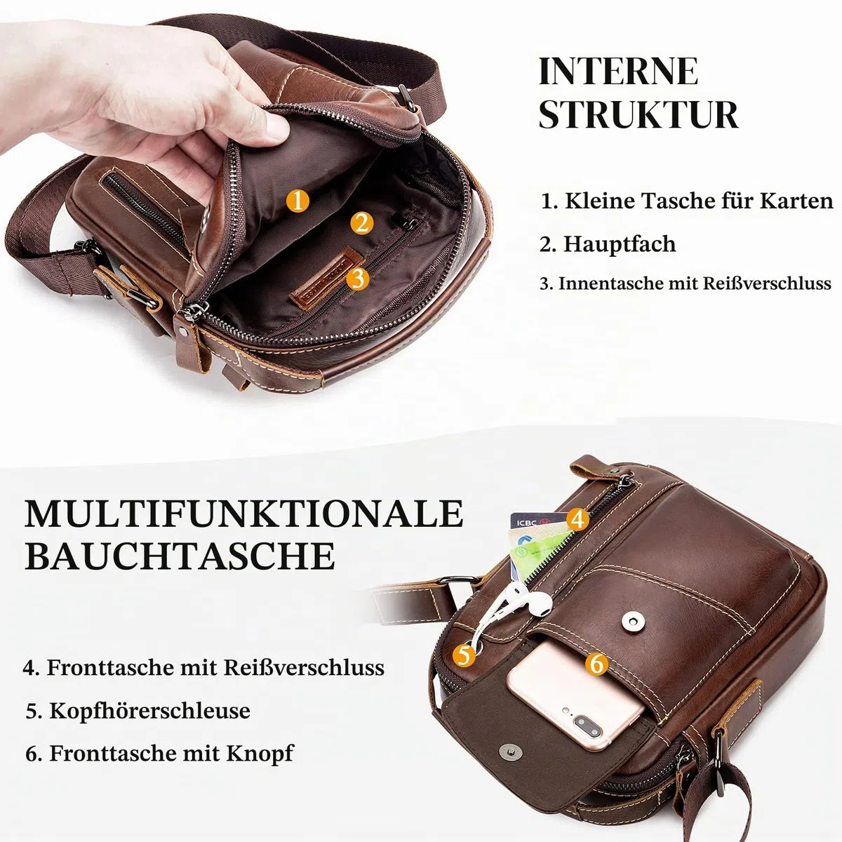 BAIGIO Umhängetasche Herren Leder Schultertasche Vintage Crossbody Bag Messenger Herrentasche zum Umhängen Ledertasche Männer Tasche mit Verstellbarem Gurt für Business Arbeit Reise, Braun
