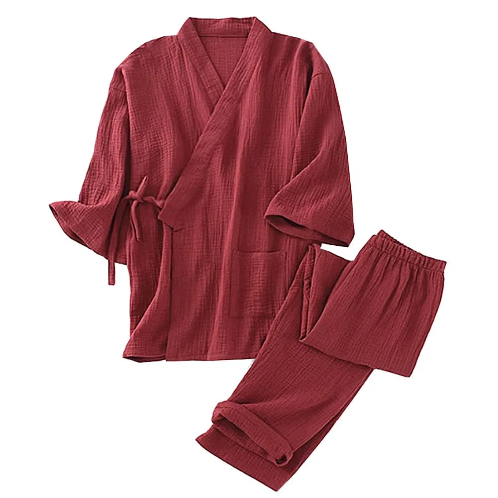 FANCYPUMPKIN Klassischer japanischer Herren-Morgenmantel aus Baumwolle, Kimono-Pyjama-Anzug in Übergröße