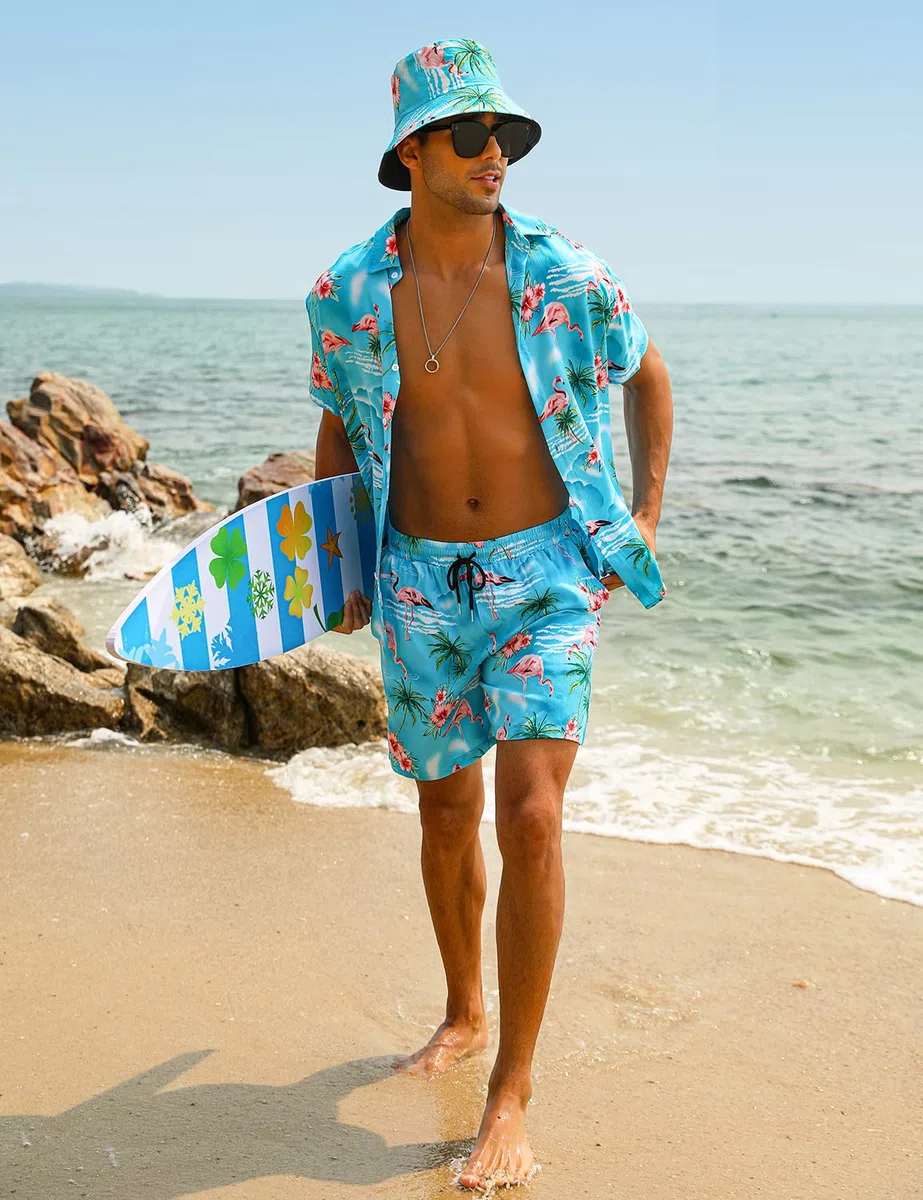 Hawaii-Hemd und Shorts für Herren 2-teilig, Lässig Button-Down-Shirts Sommer Strand Outfits mit Hüten