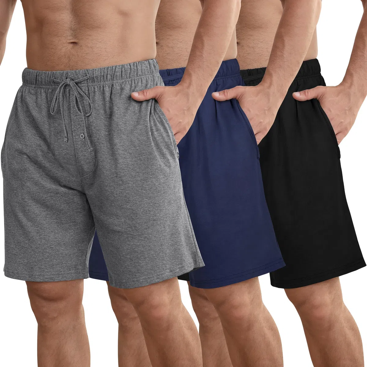 IHU 3er Pack Schlafanzughose Herren Kurz Baumwolle Sommer Kurze Schlafhose Pyjama-Hose Loungehose mit Elastischem Bund und Taschen