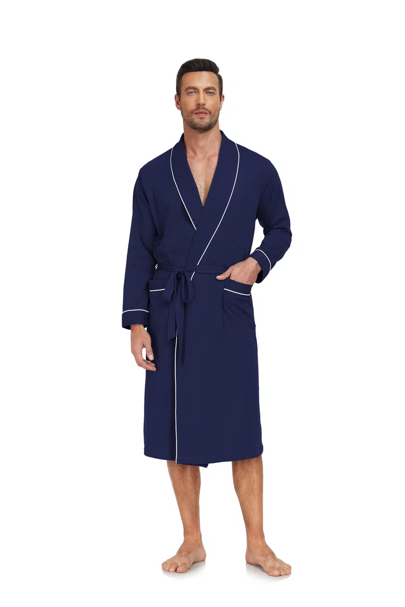 EA'S SECRET Herren Bademantel 100% Baumwolle Leichter Strick-Spa-Bademantel für Sommer Langes Schlafgewand mit Taschen klassischem Schalkragen