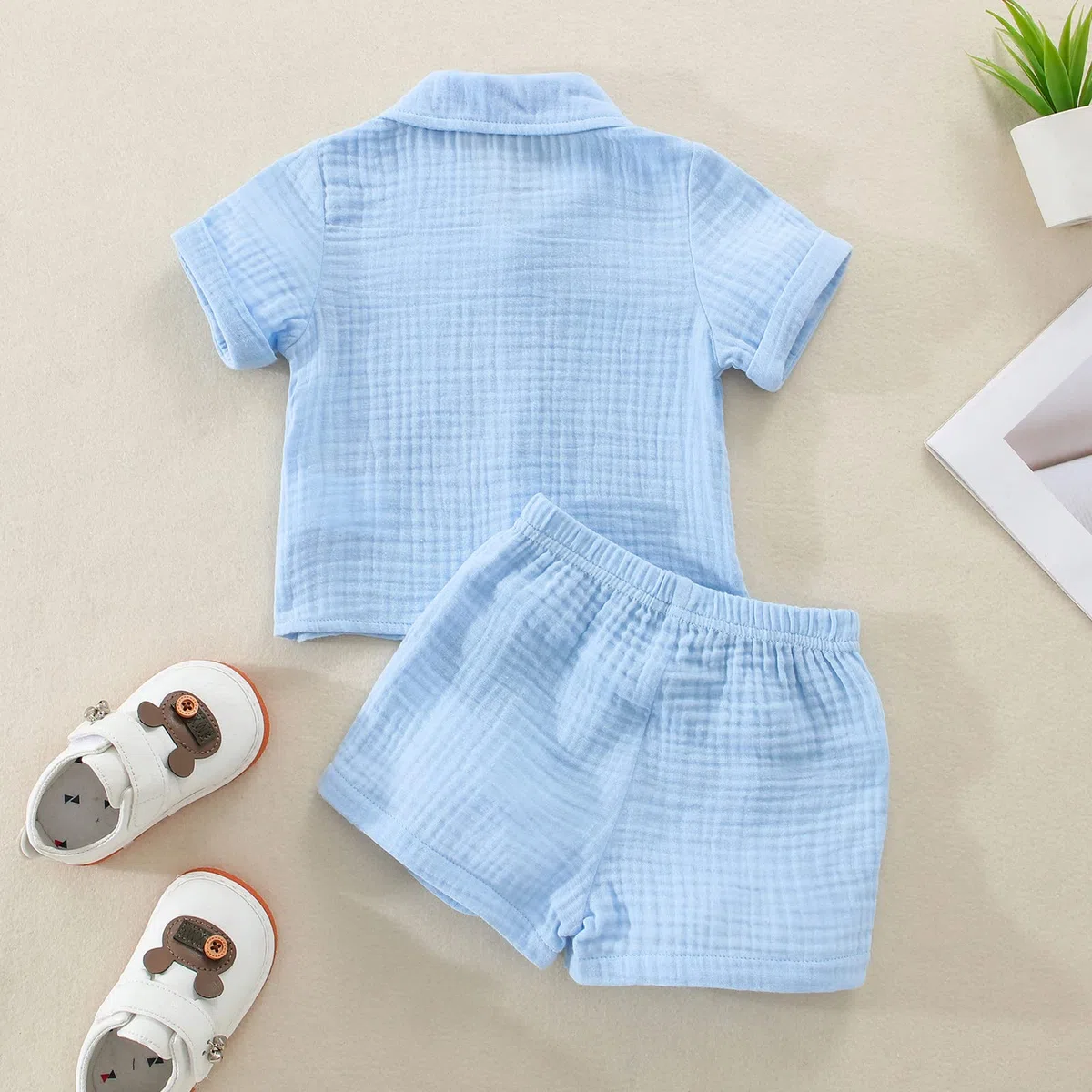 Yassiglia Baby Jungen Musselin Kleidung Set Weiche Bekleidungssets für Kleinkind Sommer Baumwolle-Leinen Outfit Kurzarm Revers Hemd + Shorts