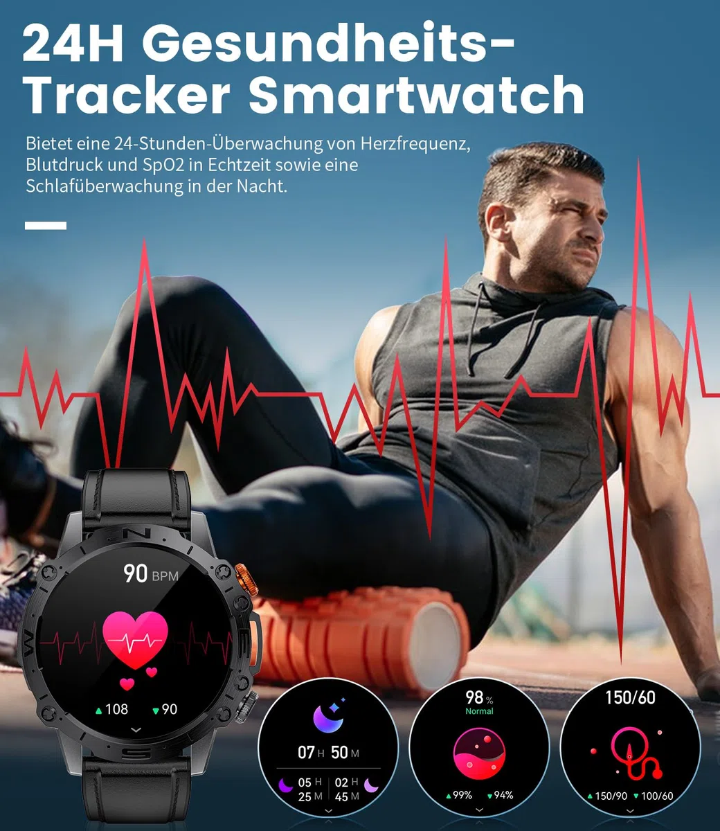 LIGE Smartwatch Herren mit Telefonfunktion für Android iOS 1.43'' Amoled HD Outdoor Sportuhr Smartwatch mit 110 Sportmodi,Pulsmesser/Schlafmonitor,IP68 Wasserdicht Schrittzähler,400mAh Batterie