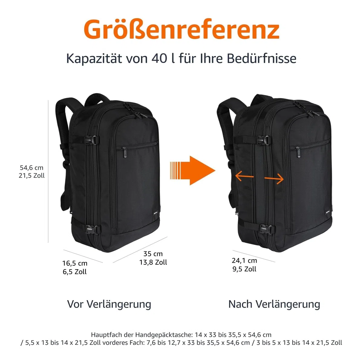 Amazon Basics 44L Reiserucksack, Handgepäck-Kabinentasche (54.6x35x24.1cm), Gepolsterte Träger, 44cm Laptop-Fach, Organisierte Taschen - Schwarz