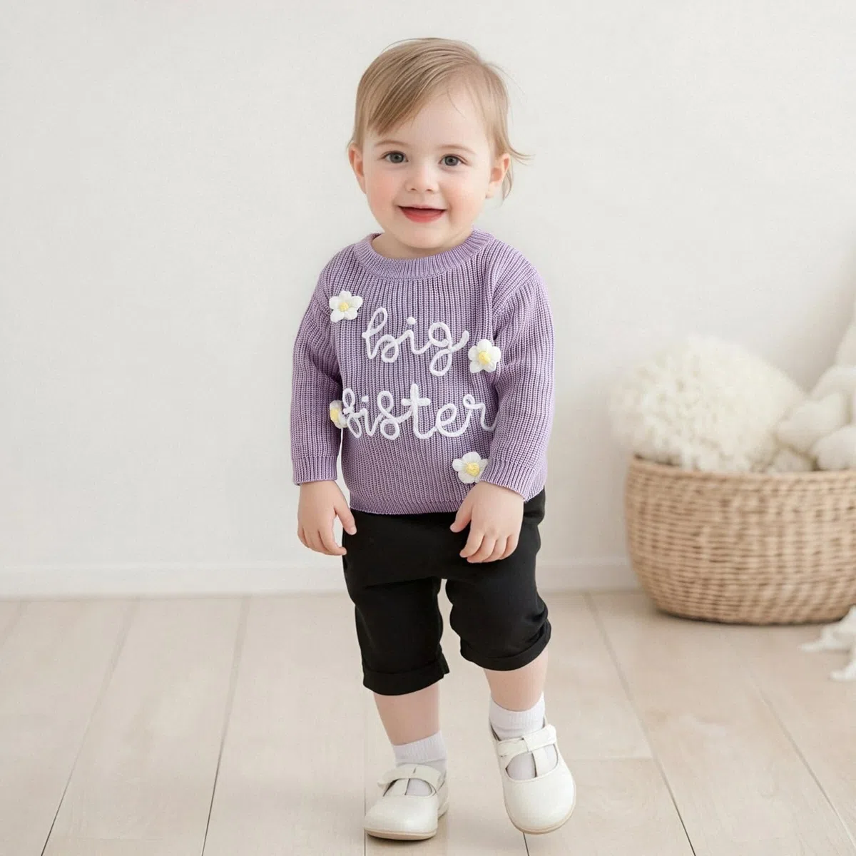 Strickpullover mit Aufschrift "Big Sister", für Kleinkinder, Mädchen, bestickt, Buchstaben, Blume, Pullover, Top, Frühling, Herbst, Winter, Outfit, Kleidung