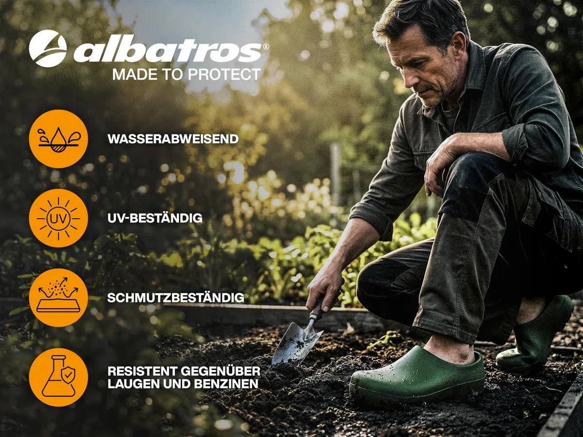 ALBATROS PURCEL Profi Gartenclogs – wasserdichte Damen & Herren Clogs & Pantoletten für Garten, Arbeit & Zuhause – rutschfeste Gartenschuhe mit anatomischem Kork-Fußbett