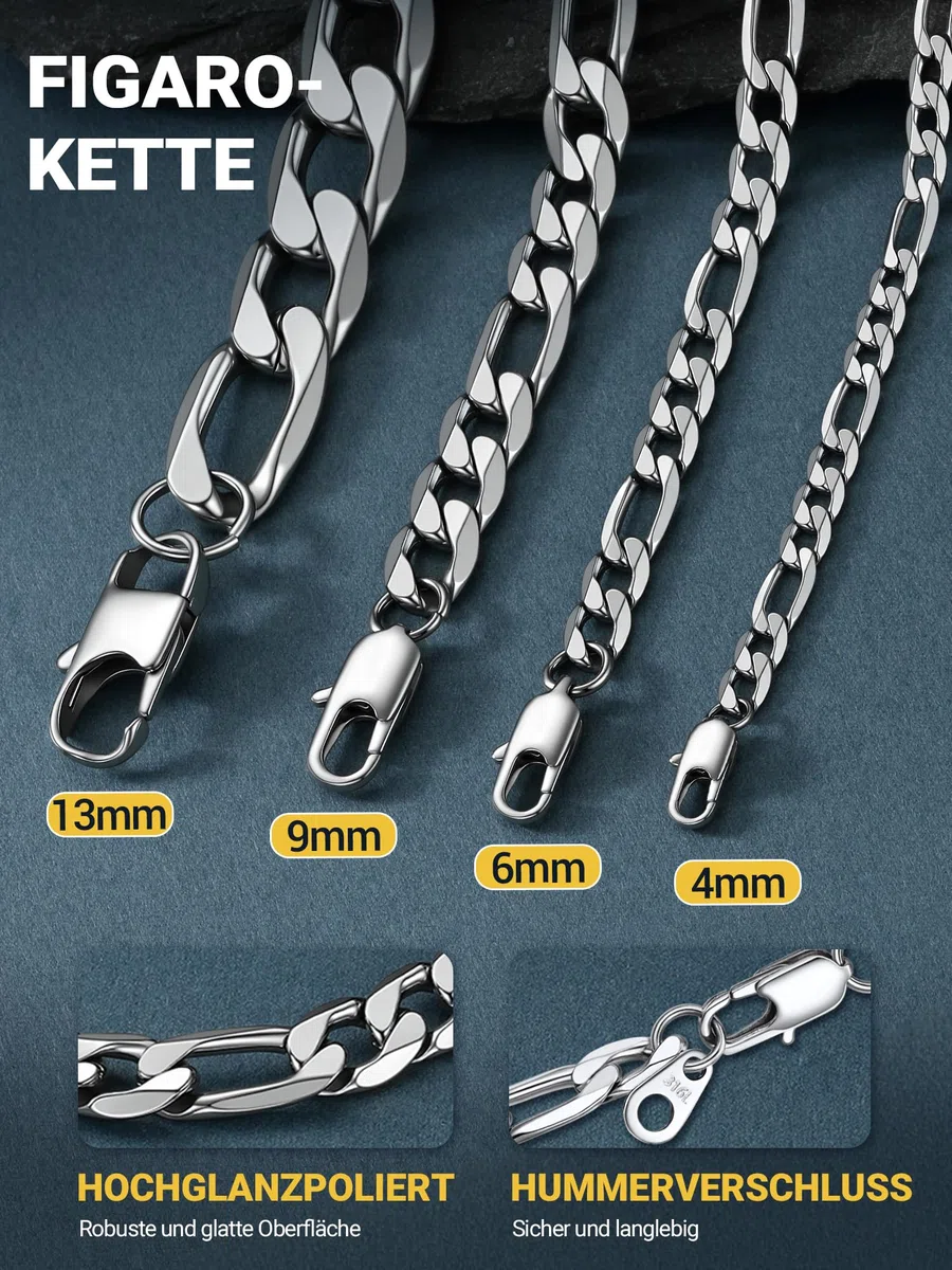 PROSTEEL Herren Halskette Figaro Kette Edelstahl Ketten Silber/Gold/Schwarz Breite 4mm/6mm/9mm/13mm Länge 36-76cm Schmuck für Männer