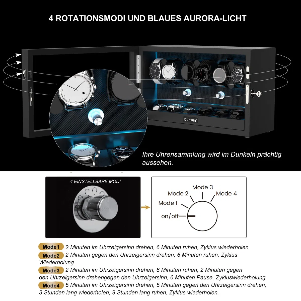 XTELARY Uhrenbeweger für 4/6/8/12 Automatikuhren, Abschließbarer Automatikbeweger mit 4 Rotationsmodi,Extra Uhrenfächern, Flexible Uhrenkissen, Leiser Mabuchi Motor und Blaue Hintergrundbeleuchtung