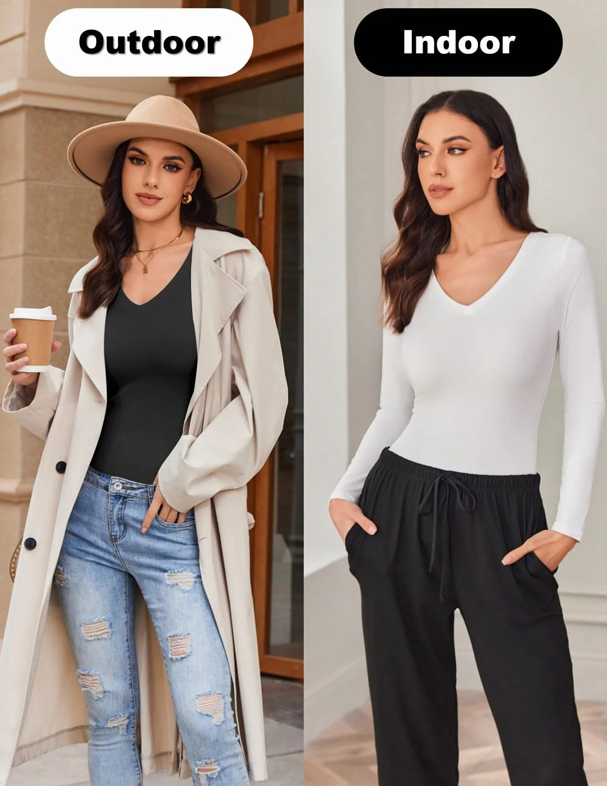 Ekouaer Damen 3 Pack Langarmshirt V-Ausschnitt Unterhemd Sexy Layer Tee Dünn Thermo Oberteil Slim Fit Basic Tops S-XXL