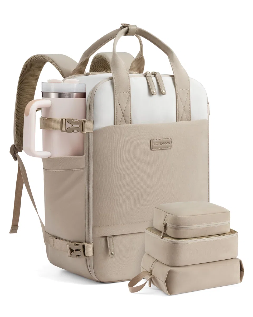 LOVEVOOK Reiserucksack Damen Groß, Handgepäck Rucksack Flugzeug 15.6 Zoll Laptop Travel Backpack Women Weekender Reisetasche Wasserdicht Carry On Cabin Luggage Bag für Business Reise, Beige Khaki