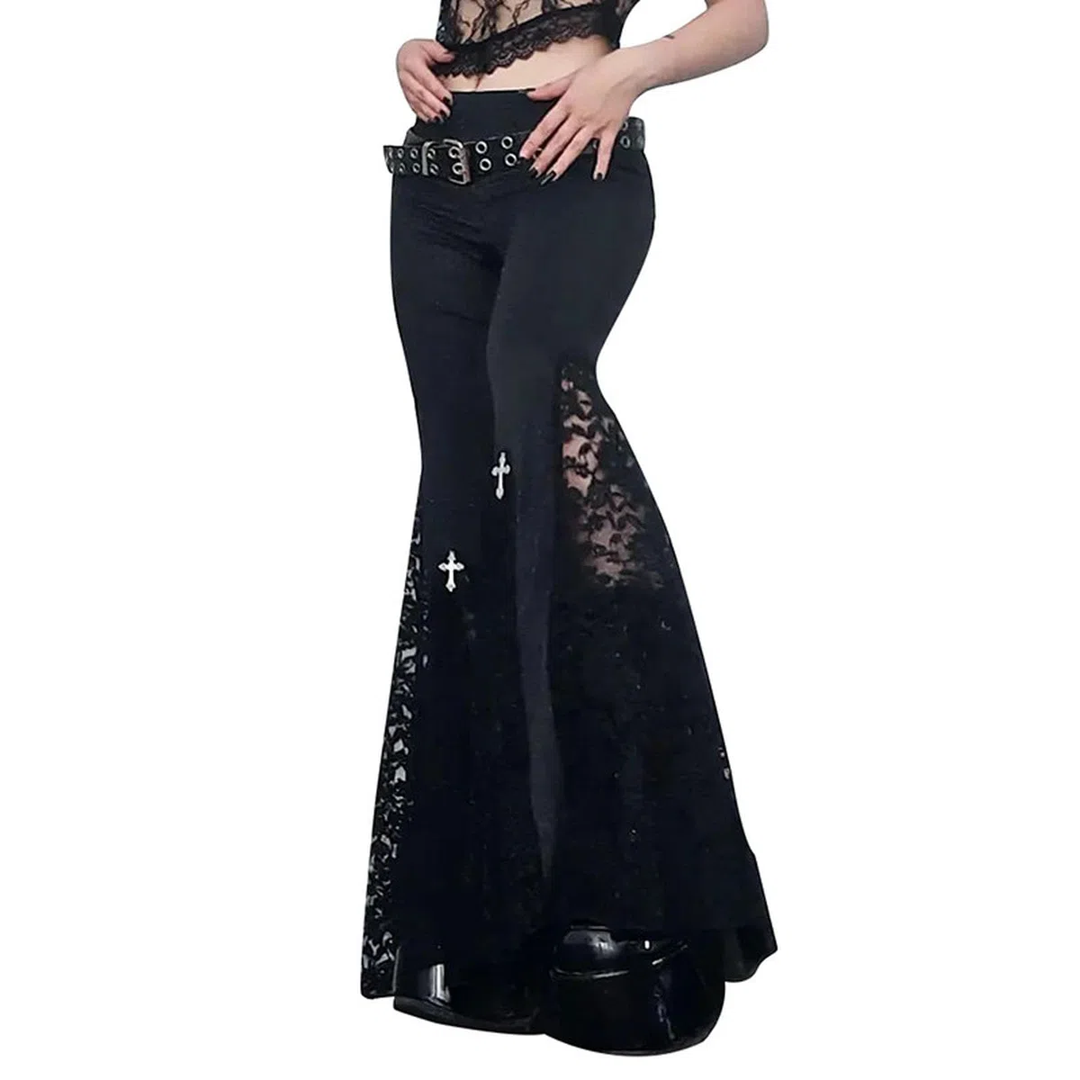 Gothic-Spitzen-Flare-Hose, Schnürung, Patchwork, schmale Hose, modische Bandage, seitlich durchsichtig, europäischer Stil, lässige Schlaghose, Damen-Style6-L