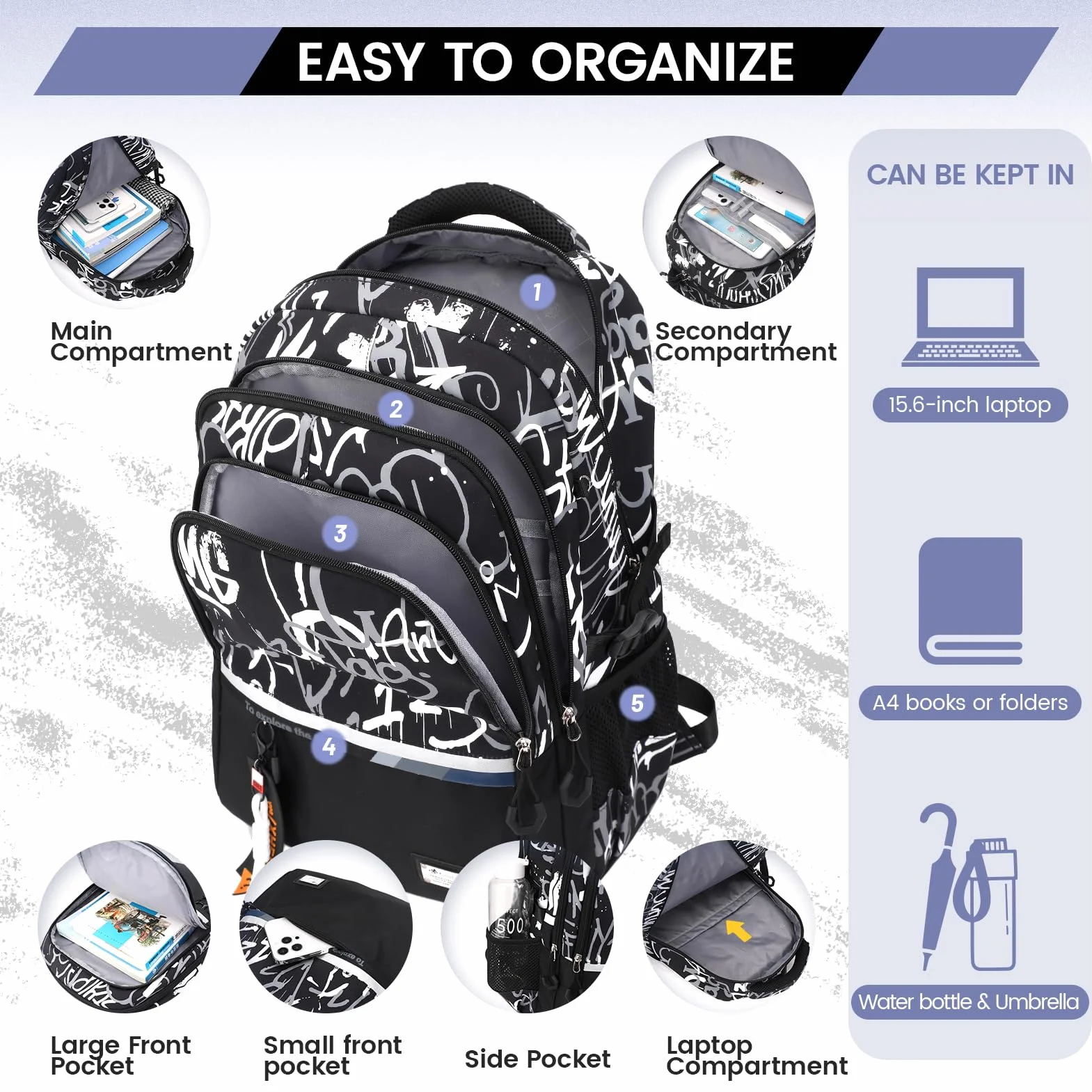 Amythe Schulrucksack Teenager Rucksack für Jungen - Wasserdichter Casual Daypack, Schulranzen Ideal für Schule, Reisen und Hochschulen, School Bag Schwarz