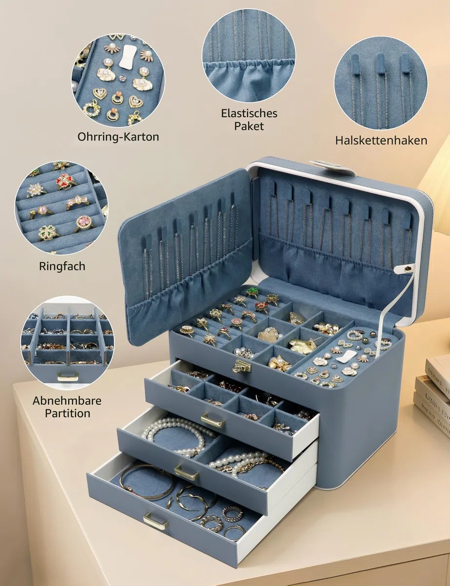 KAMIER Schmuckkästchen für Damen, Große Schmuckschatulle mit 4 Ebenen, Schmuckbox mit Spiegel und Schloss,Schmuckaufbewahrung für Ringe, Ohrringe, Halsketten, Armbänder, Geschenkidee für Mädchen