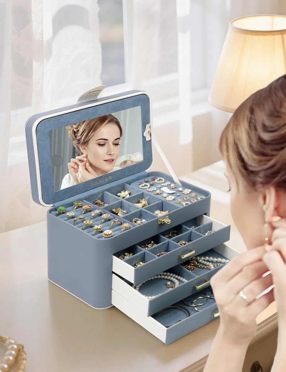 KAMIER Schmuckkästchen für Damen, Große Schmuckschatulle mit 4 Ebenen, Schmuckbox mit Spiegel und Schloss,Schmuckaufbewahrung für Ringe, Ohrringe, Halsketten, Armbänder, Geschenkidee für Mädchen