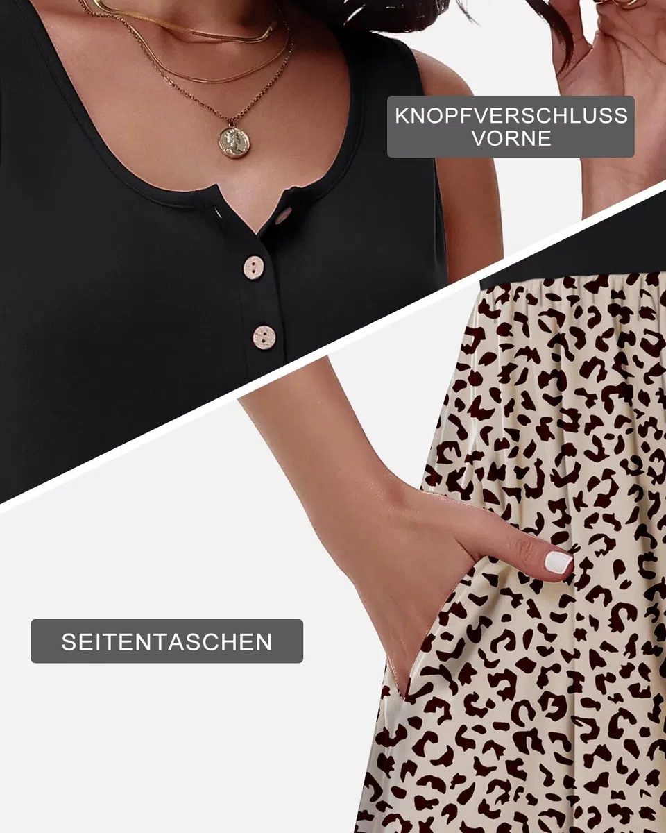 Tanmolo Kleid Damen Sommer Knielang Freizeitkleider Knopf Tank Kleid Mit Taschen Elastic Dress