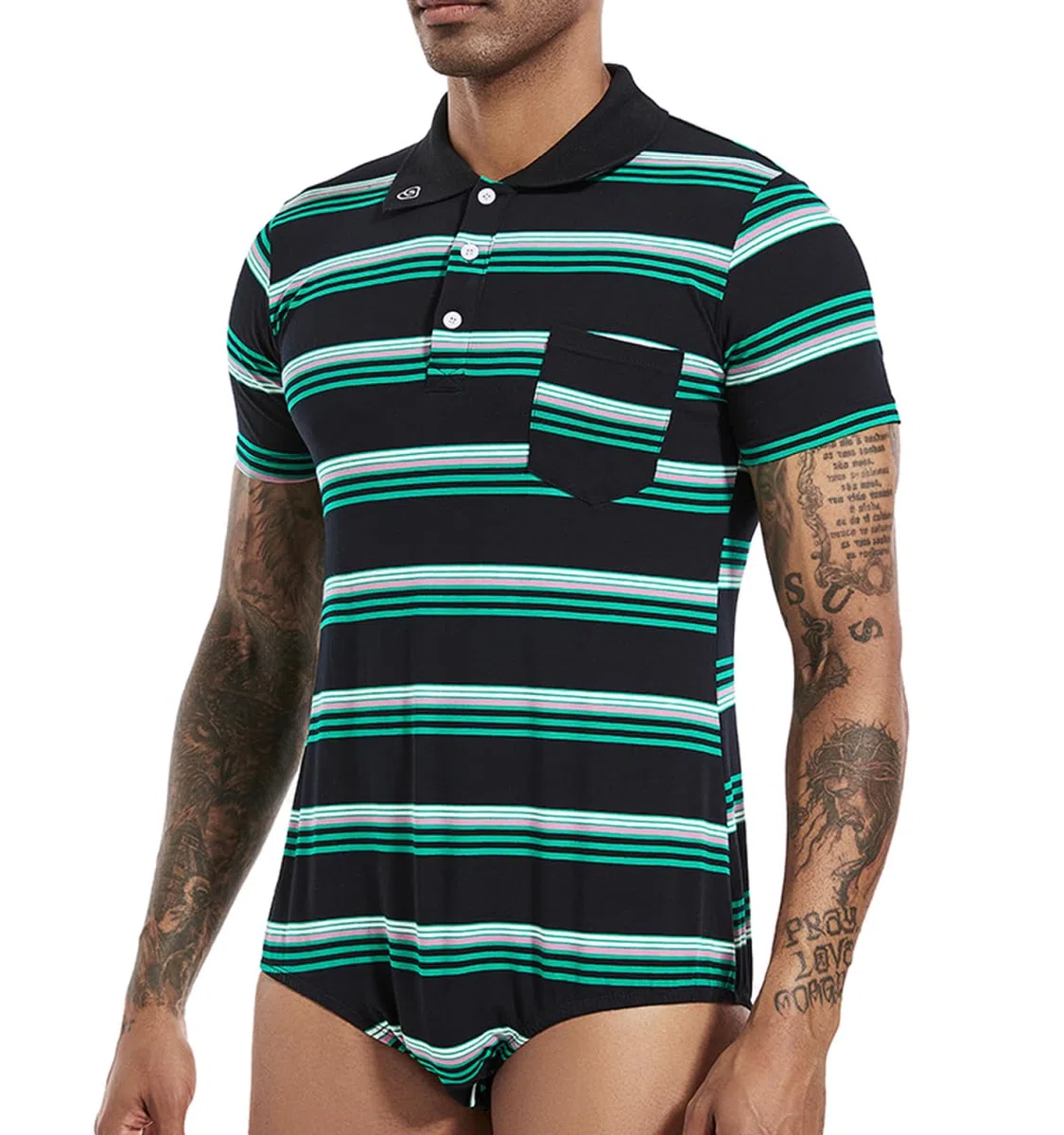 Landofgenie Herren Bodysuit Strampler Einteilige Für Männer Body Polo Shirt Pyjamas Press Botton Streifen Baumwolle Onesie Unterwäsche