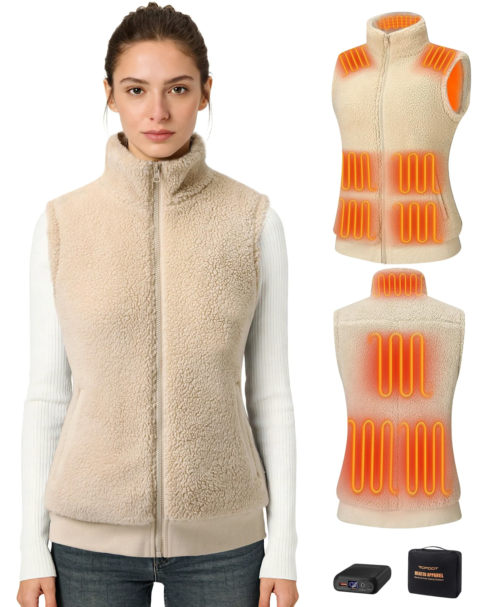Topdot Fleece Heizweste Damen mit Powerbank 7.4V 16000mAh, 10 Heizzonen Beheizbare Weste mit 3 Temperaturstufen, Leichte Elektrische Beheizte Weste für Radfahren, Camping & Outdoor-Arbeit