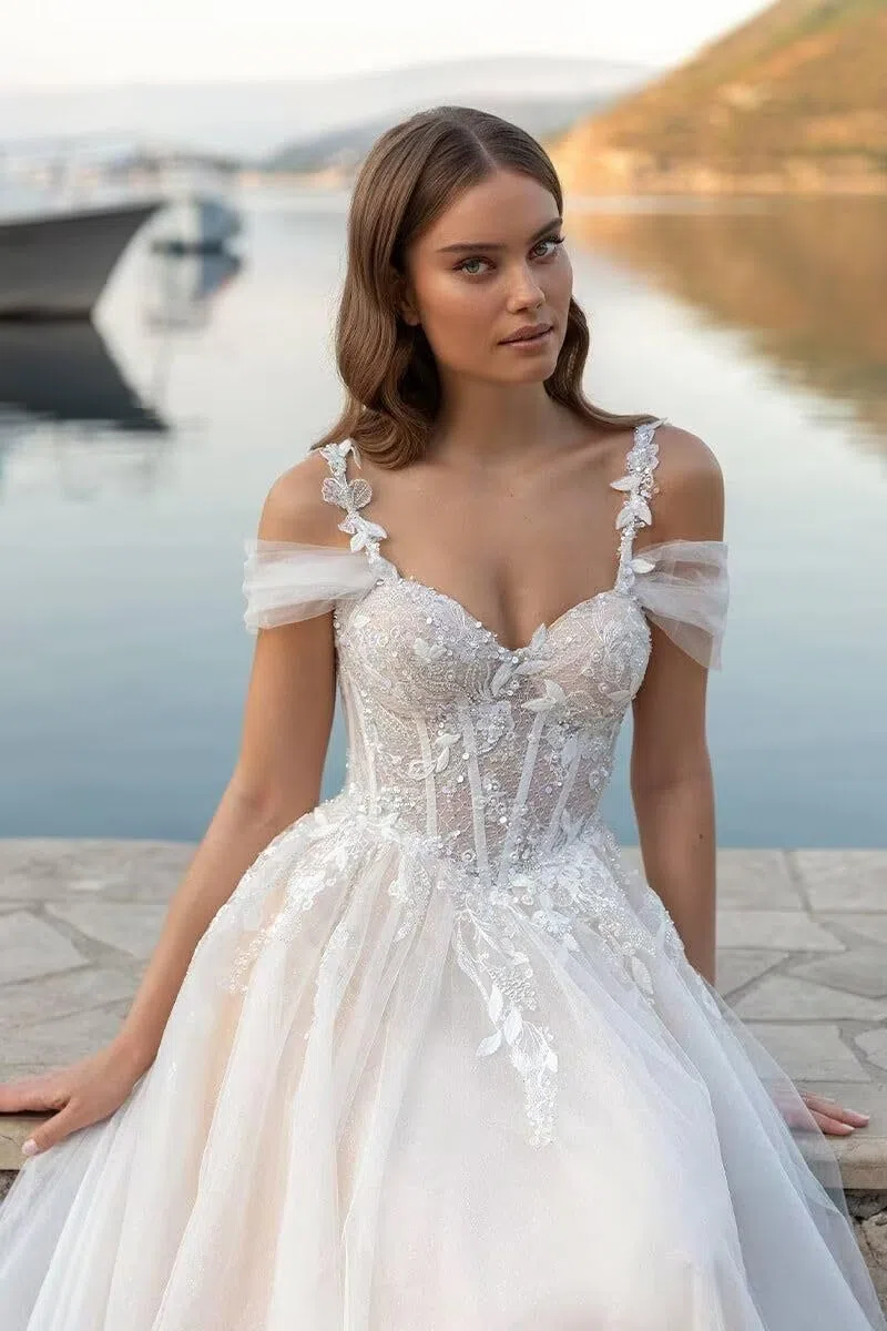 Damen Tüll Brautkleider Lang Elegant Hochzeitskleider A Linie Prinzessin Glitzer Mit Spitze V-Ausschnitt Trauung Kleid Ärmellos