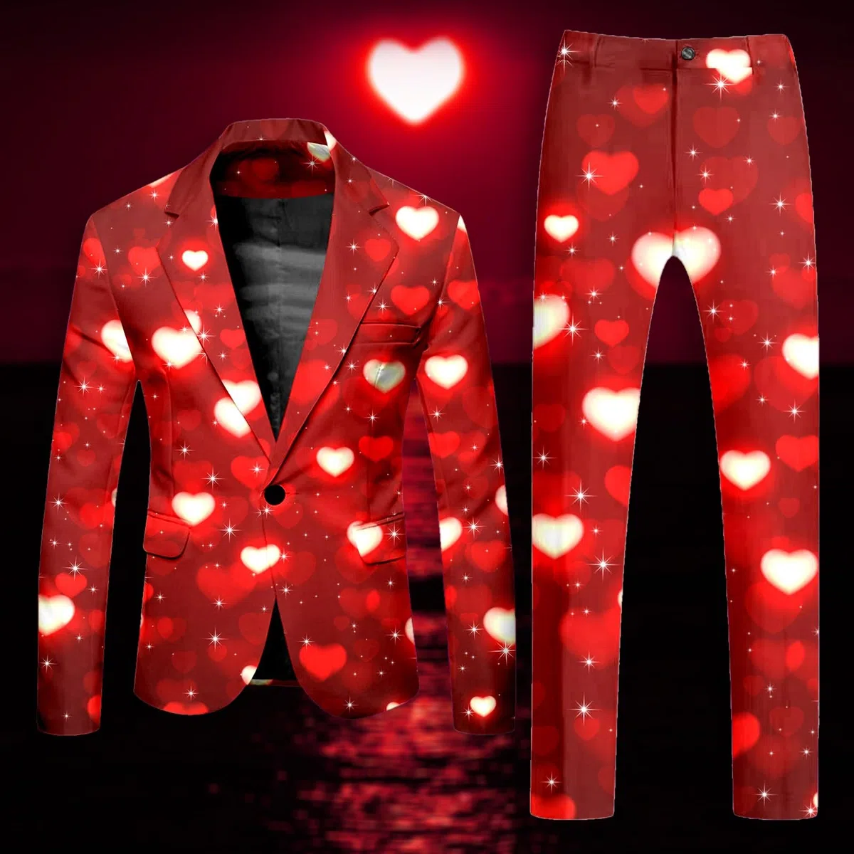 Herren-Valentinstag Anzug, 2 Teilig Slim Fit Herrenanzug Herz-Print und Hose 2-teiliger Party Kostüm für Männer Herz/Love Druck Blazer Elegante Slim Fit für Valentinstag Party Outfits