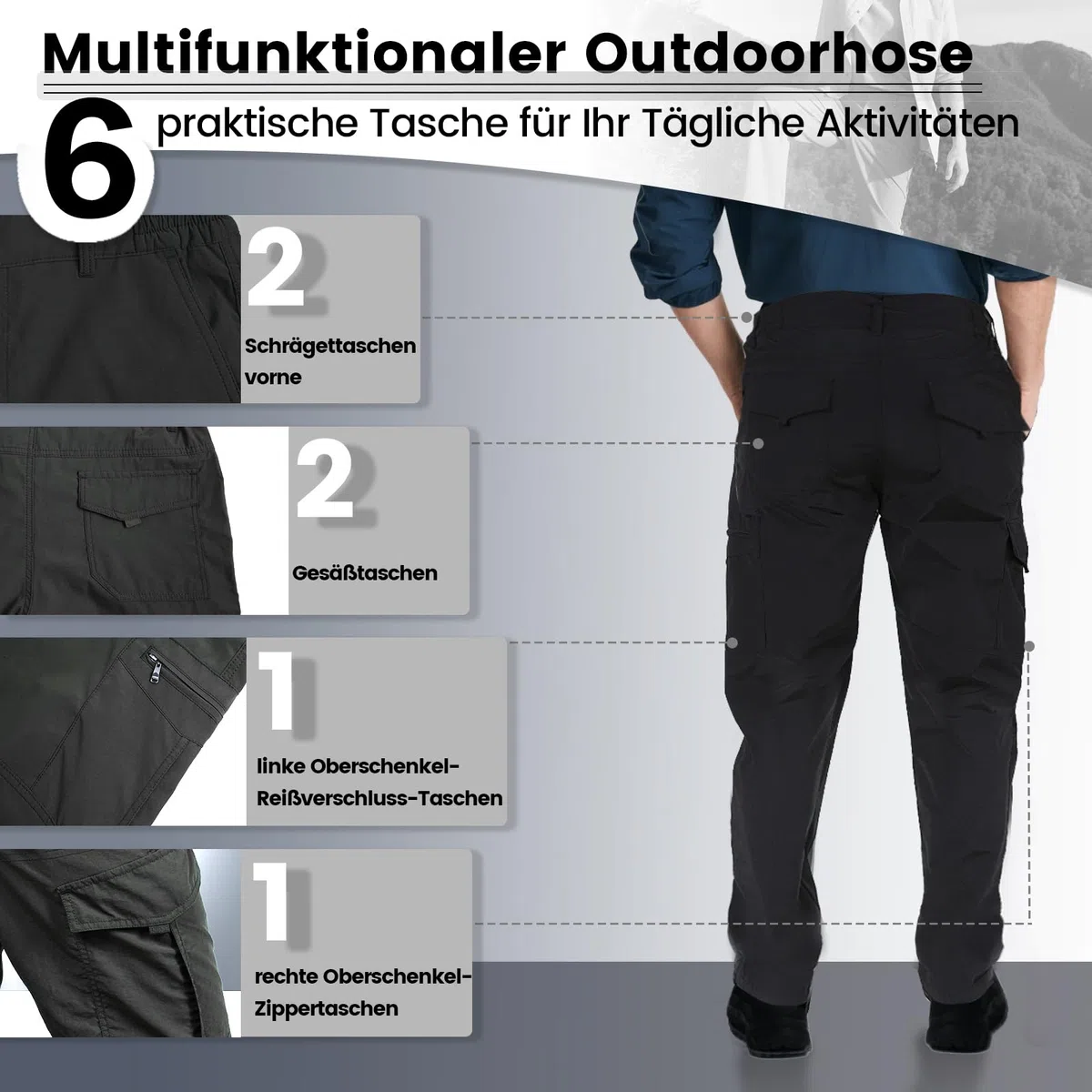 Aimato Wanderhose Herren wasserabweisend, Cargohose mit 6 Multifunktionstaschen, Teilweise Elastische Taille Outdoorhose, Arbeitshose für Trekking, Wandern, Camping, Reisen