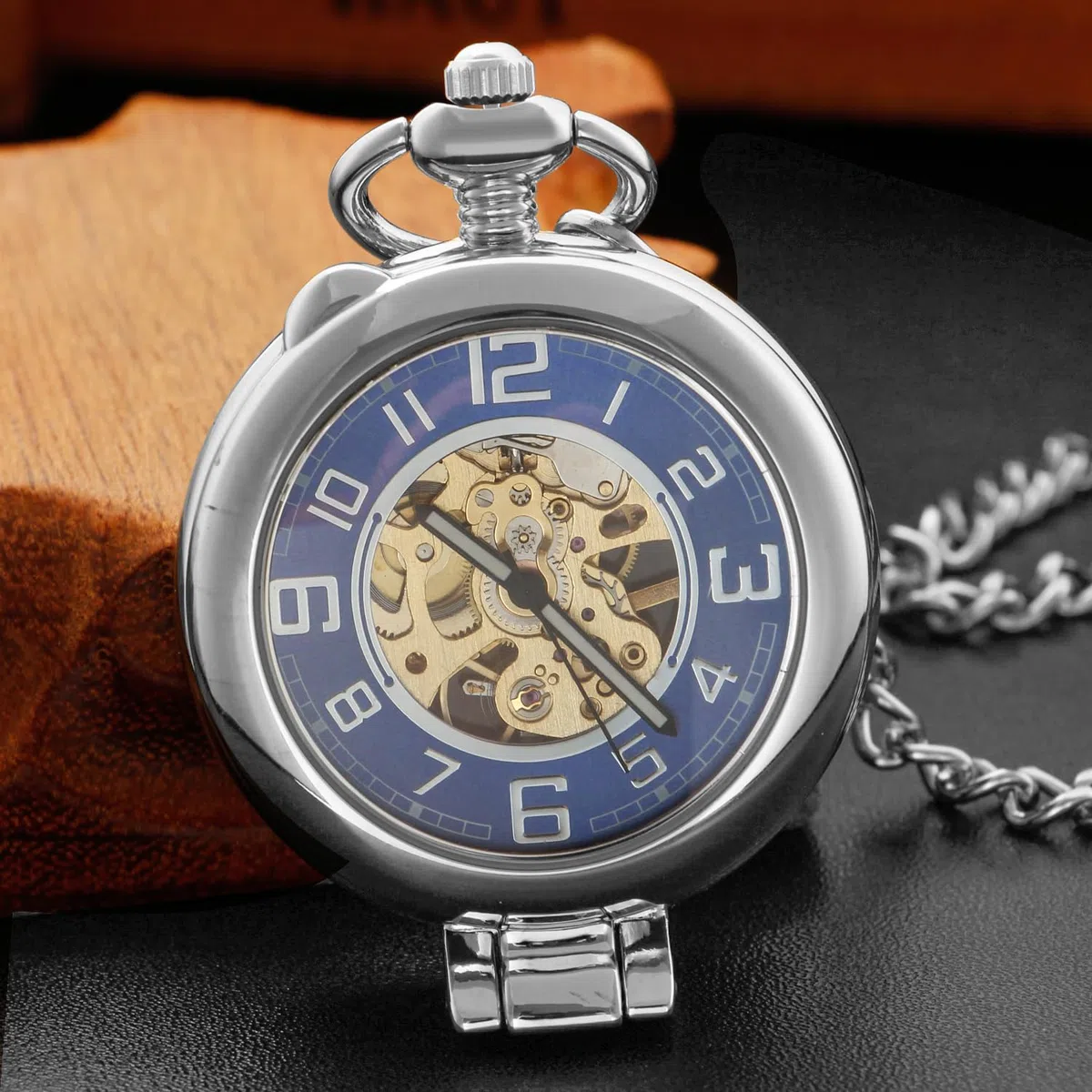 Bronze Men's Antique Mechanical Pocket Watch, Skeleton Mechanical Roman Numerals Pocket Watch with Chain + Box