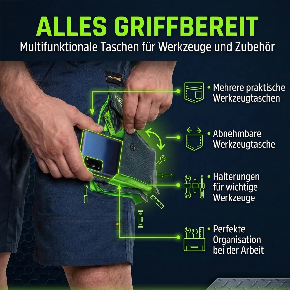 NEO TOOLS Herren Premium Kurze Arbeitshose mit Hosengürtel oder Komplett Sommer-Arbeitskleidungsset Set - Gr. XS - 3XL | Modisches Design, mit Cordura Verstärkt, Multifunktionstaschene