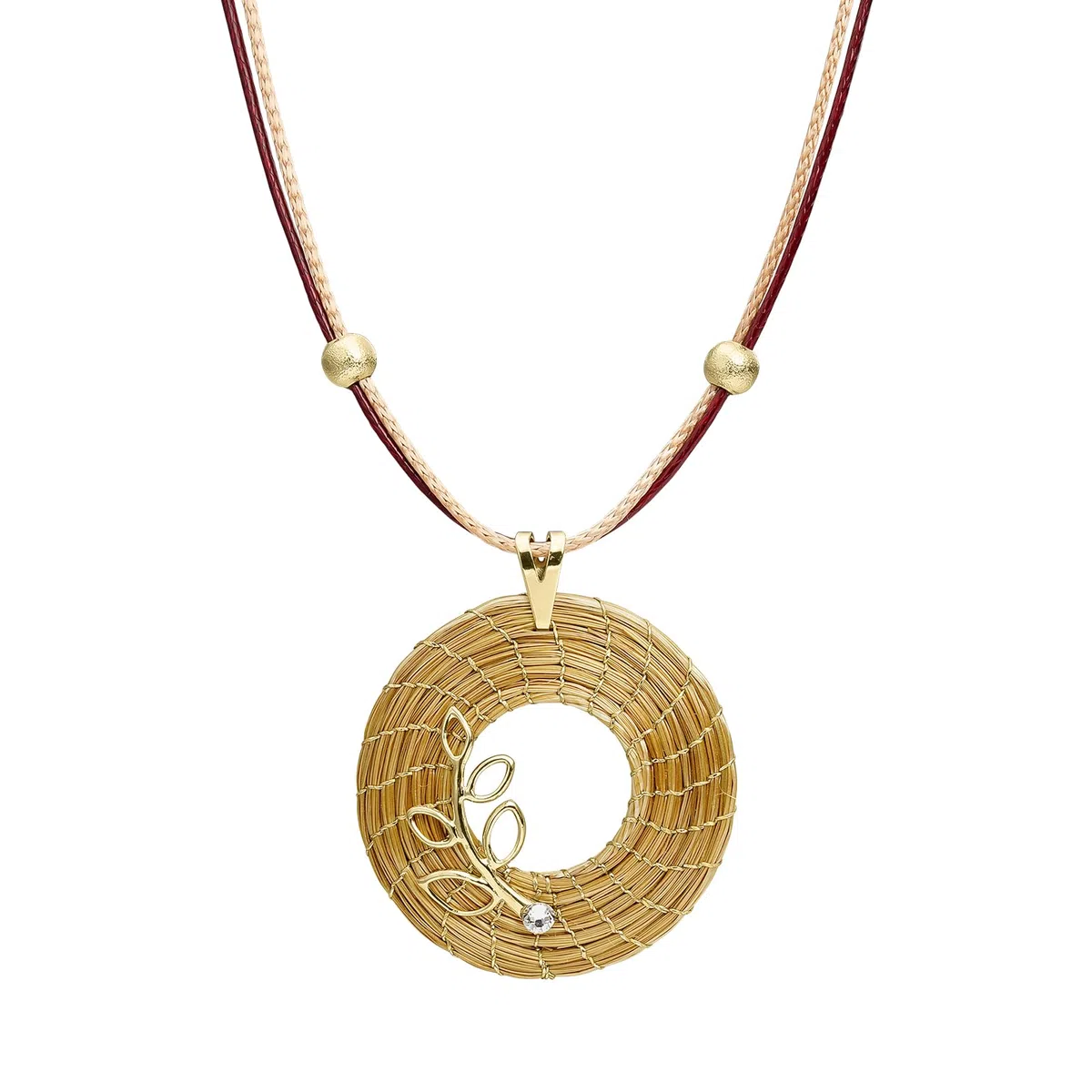 VERA NAVARRO - Halskette mit Goldenem Offenem Mandala-Anhänger aus Pflanzlichem Gold Ø 30 mm - Doppelt Gewachste Schnur 42 cm mit Verzierungen - 100% Natürliche Handarbeit