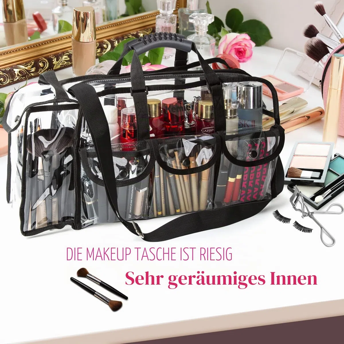 Durchsichtige Tasche Reise Make-up Tasche mit 6 Außentaschen Kosmetik Organizer Kosmetiktasche mit Schultergurt Groß