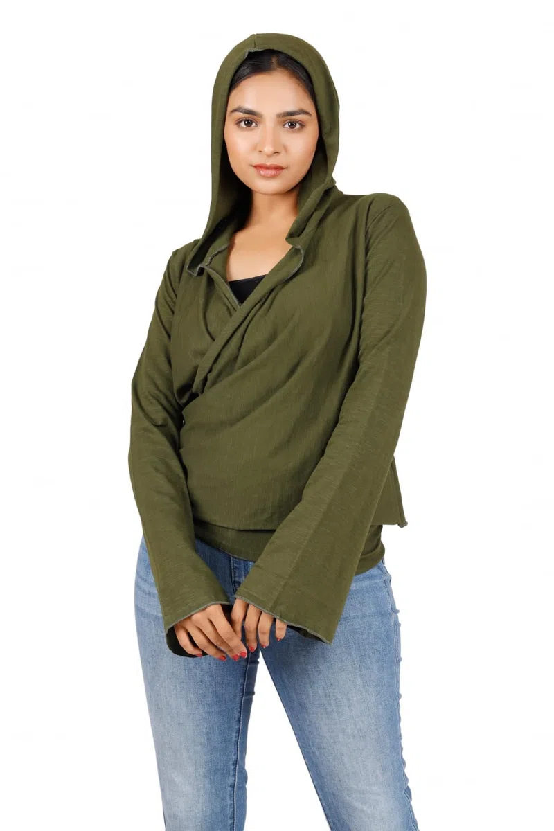 GURU SHOP Wickelshirt, Yogashirt, Langarmshirt mit Trompetenärmeln, Damen