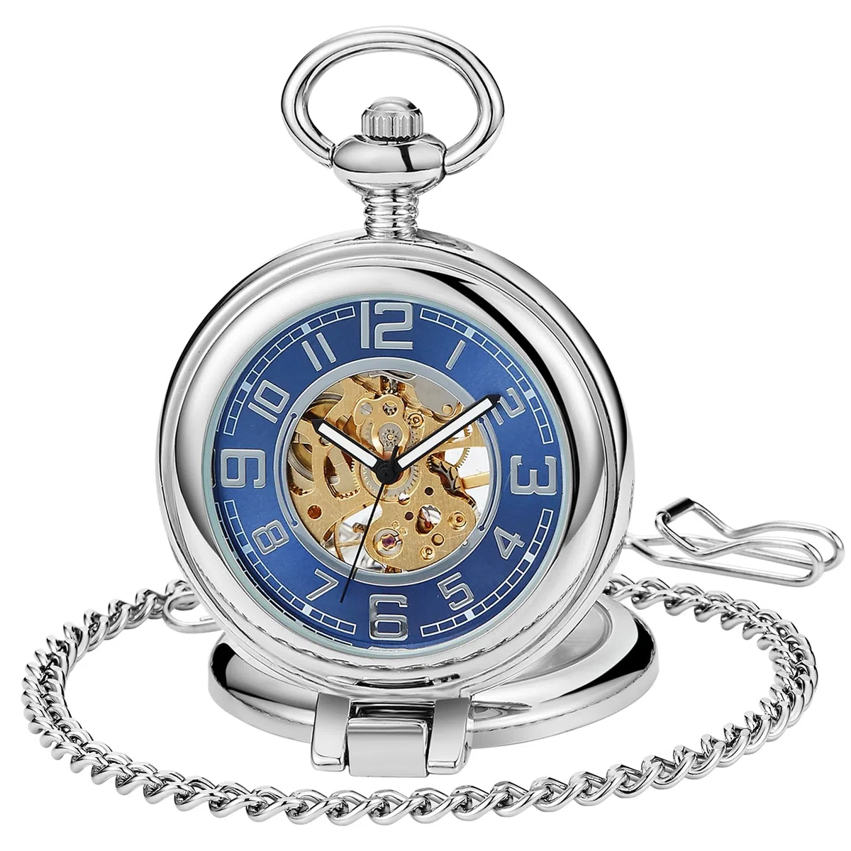 Bronze Men's Antique Mechanical Pocket Watch, Skeleton Mechanical Roman Numerals Pocket Watch with Chain + Box