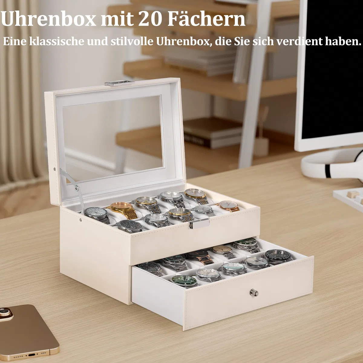 BEWISHOME Uhrenbox Organizer 20 Fächer Uhrenbox Herren Display Aufbewahrungsbox Metallscharnier Weißes PU-Leder Glasdeckel Großer Uhrenaufbewahrung, Uhrenkasten Damen, Weiß ESSH04W