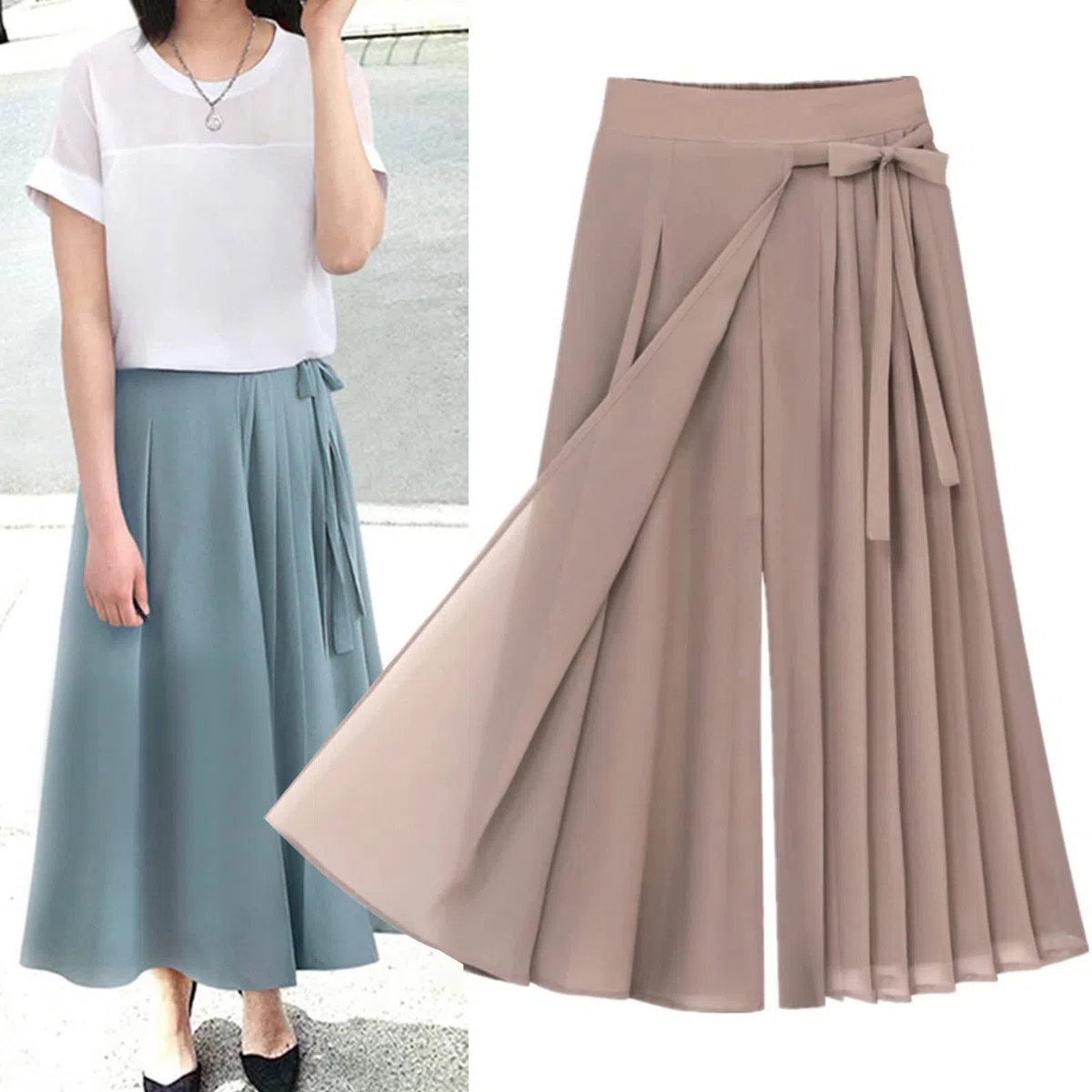 Damen hosen Damen-Plisseehose Chiffon, große Größe, elastische Taille, Freizeithose, Hosenrock Hosen Damen Elegant Festlich mit Bluse für Geschäftsessen Formelle Abendessen Hochzeiten Partys in der Re