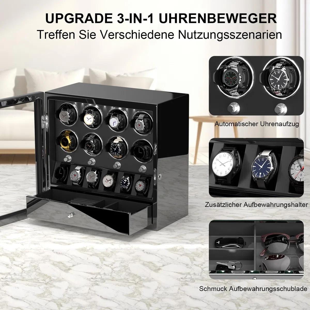 XTELARY Uhrenbeweger,Abschließbarer Uhrenbeweger für 2/4/6/8 mit 4 Rotationsmodi, Speicherplätzen,Aufbewahrungsschublade, Weißes LED-Licht Superleiser Motor und Federuhrkissen für Herren und Damen