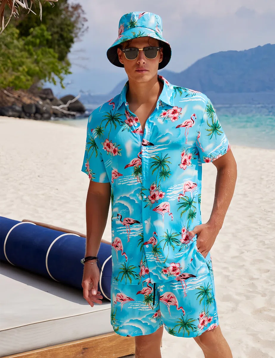 Hawaii-Hemd und Shorts für Herren 2-teilig, Lässig Button-Down-Shirts Sommer Strand Outfits mit Hüten