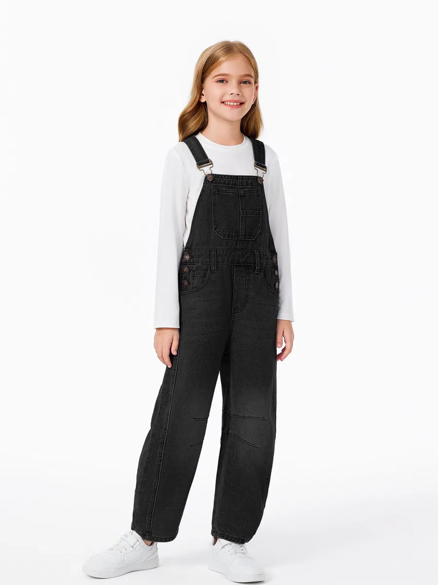 Haloumoning Denim Jumpsuit Mädchen Jeans Latzhose Kinder Ärmelloses Lange Hosen Overall Casual Loose Fit Strampler mit Taschen