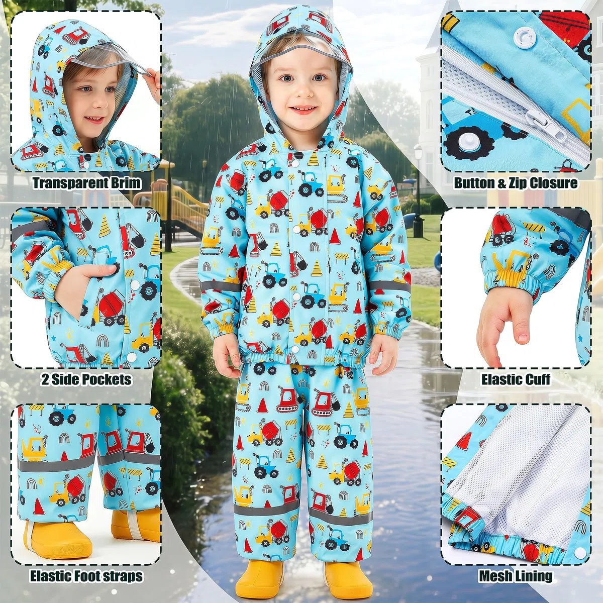Regenanzug für Kinder, Mädchen Wind und wasserdicht Netzfutter Regenjacke & Regenhose Leicht Regenmantel mit Reflektor Regenset Zweiteiliger Regendichte Matschanzug Regenkleidung 1-7 Jahre