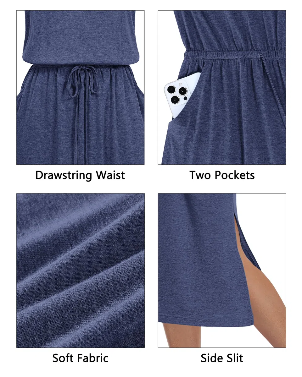 AUSELILY Sommerkleid Damen Ärmelloses Midi Strandkleid KordelzugKleid Schlitz leicht Luftiges Kleider Damen mit Taschen