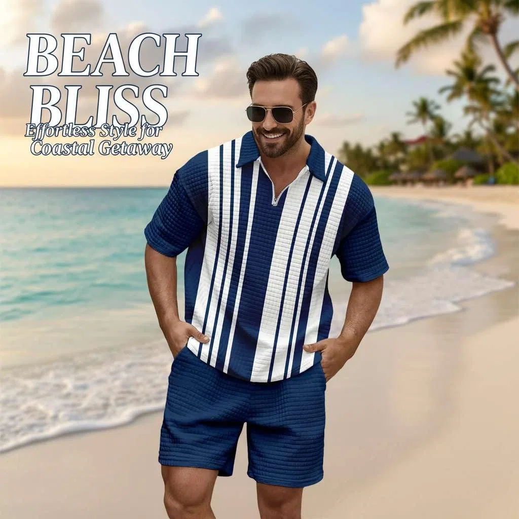 Generisch Herren Poloshirt mit Taschen Große Größen Bequem Waffel-Struktur Texturiert Atmungsaktiv Sommer Freizeit Anzug Herren Set 2-Teiler Bekleidung Neu