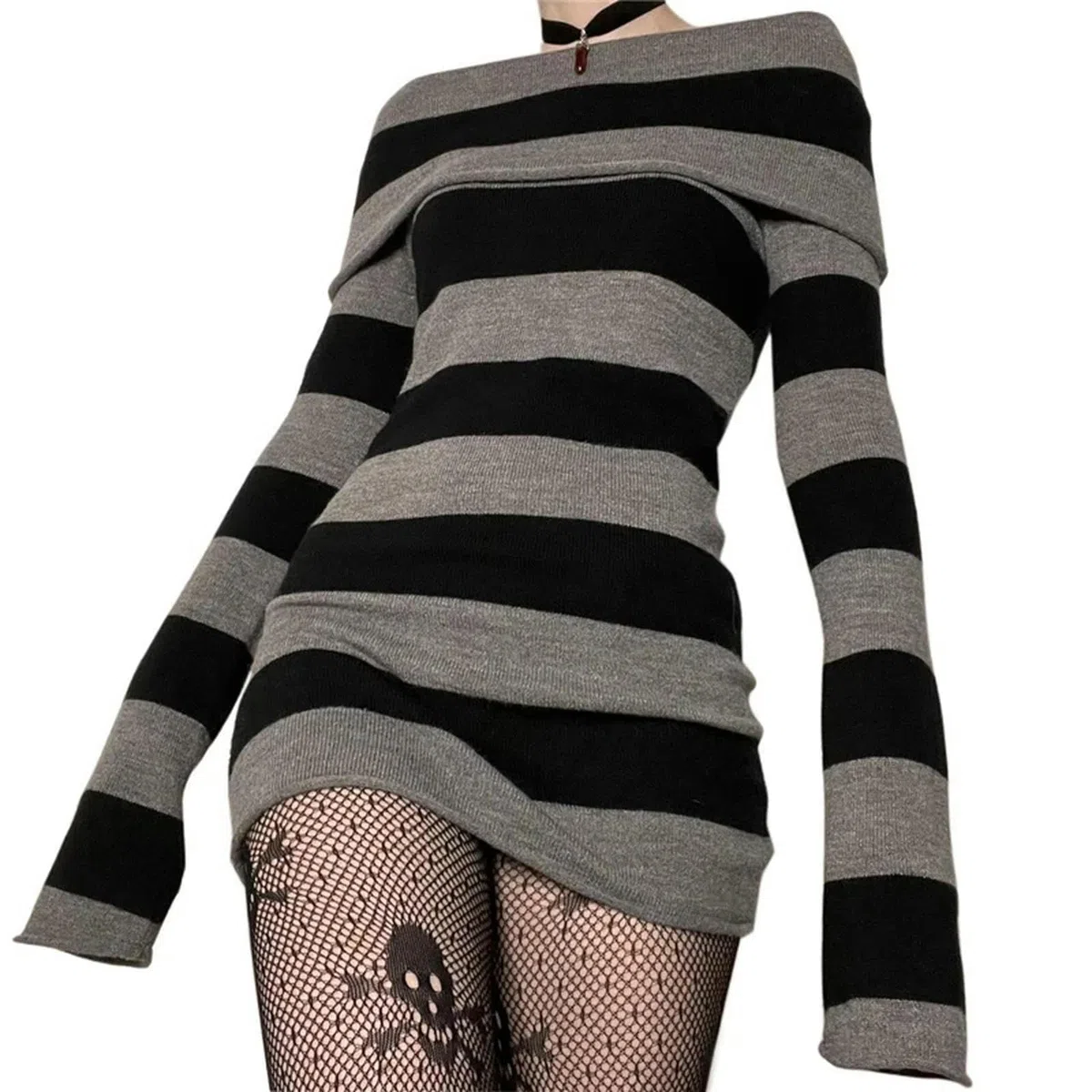 Goth Kleider Punk Gothic Witchy Dark Academia Damen Off Shoulder Strickkleid y2k Fairy Grunge Kleider Halloween Wear