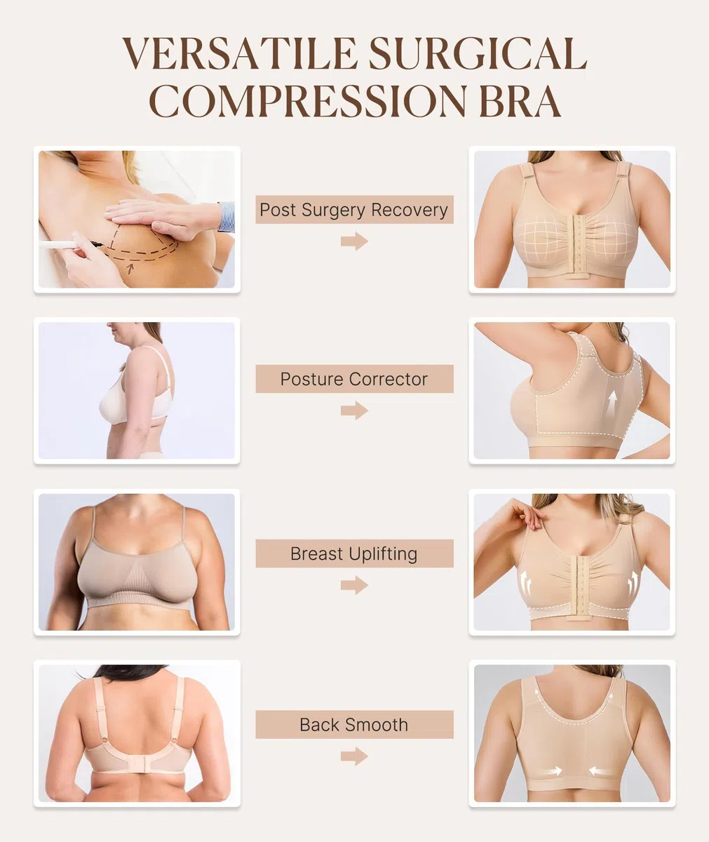 Gotoly Postoperativer Kompressions-BH mit Vorderverschluss Starker Halt Bra Damen BH Ohne Bügel Verstellbarer Stütz-BH Nach Brust OP für Erholungsphase
