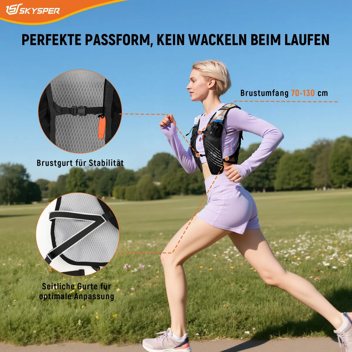 SKYSPER Laufweste für Damen Herren, 12L Laufrucksack Trinkweste Laufen mit 2 Trinkflaschen 500ml Running Vest für Joggen Marathon Trailrunning
